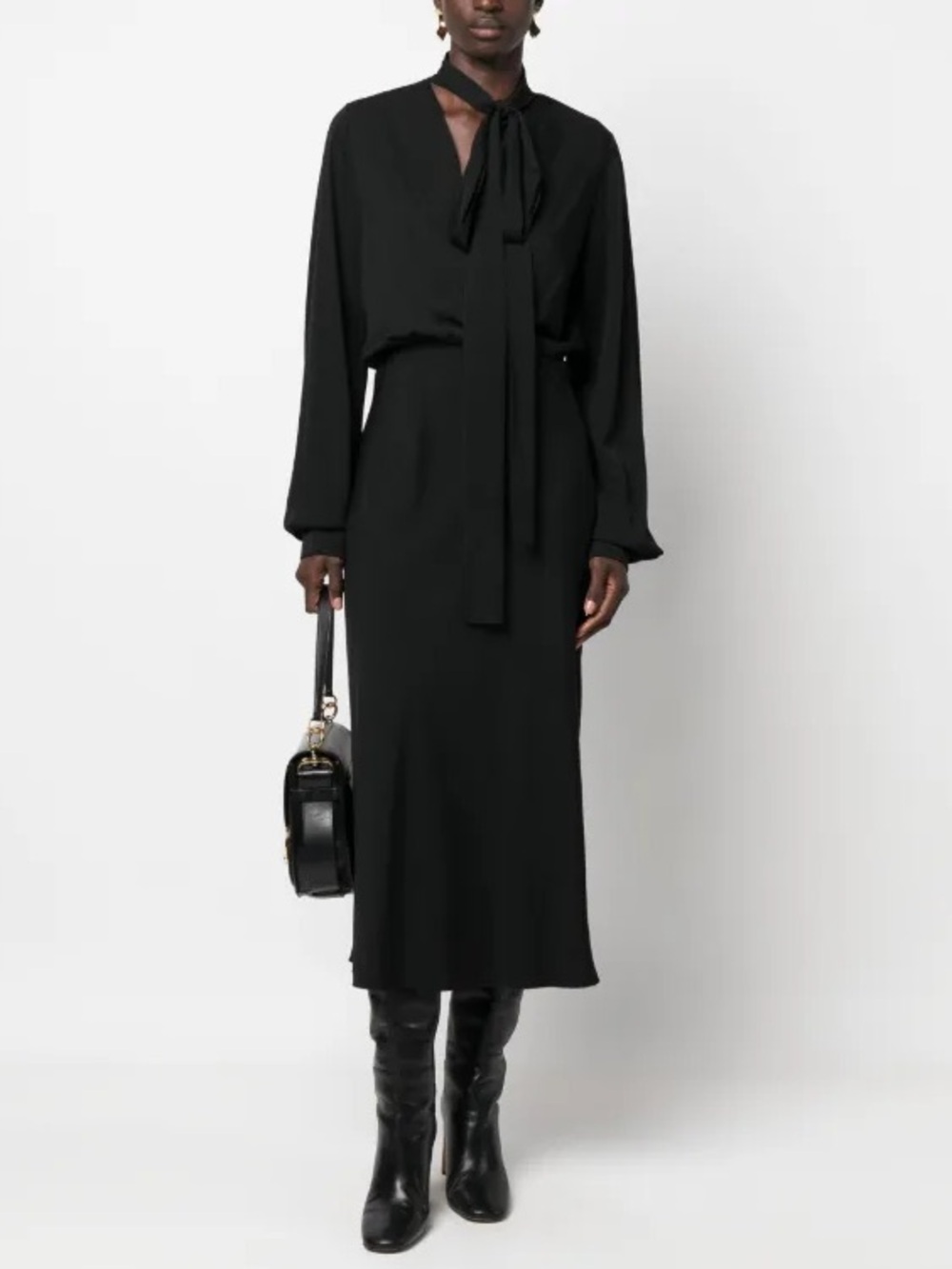 NWT Sportmax Attached Scarf Silk Blend Midi Dress Black Long Sleeve Sz 8